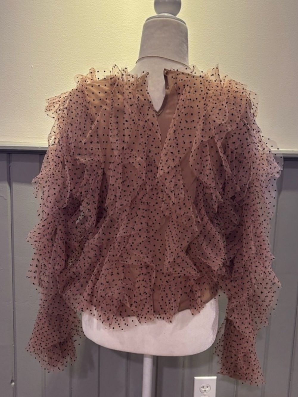 🖤 Anthropologie Dolan Tulle Beige Polka Dot Ruffle Tulle Blouse Medium - Picture 6 of 9